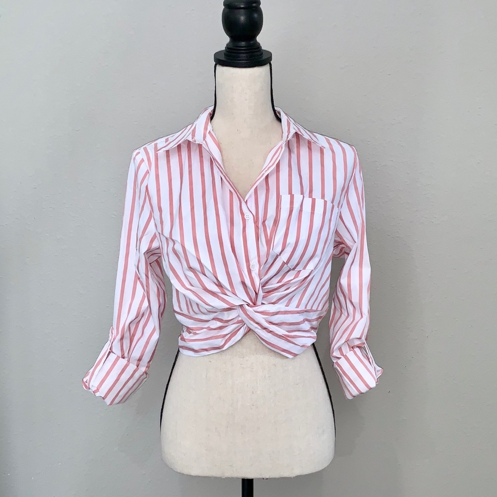 Twist Front Striped Crop Button Down Shirt in Red